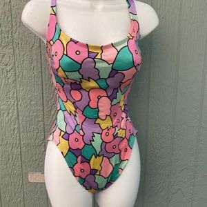 80s high leg swimsuit. Flower power. Size 12